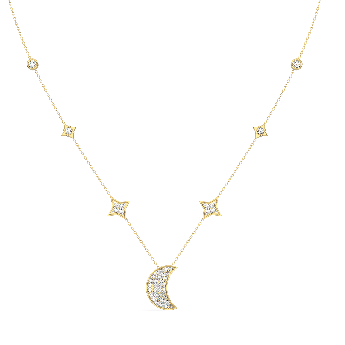 Celestial Crescent Diamond Moon and Star Necklace