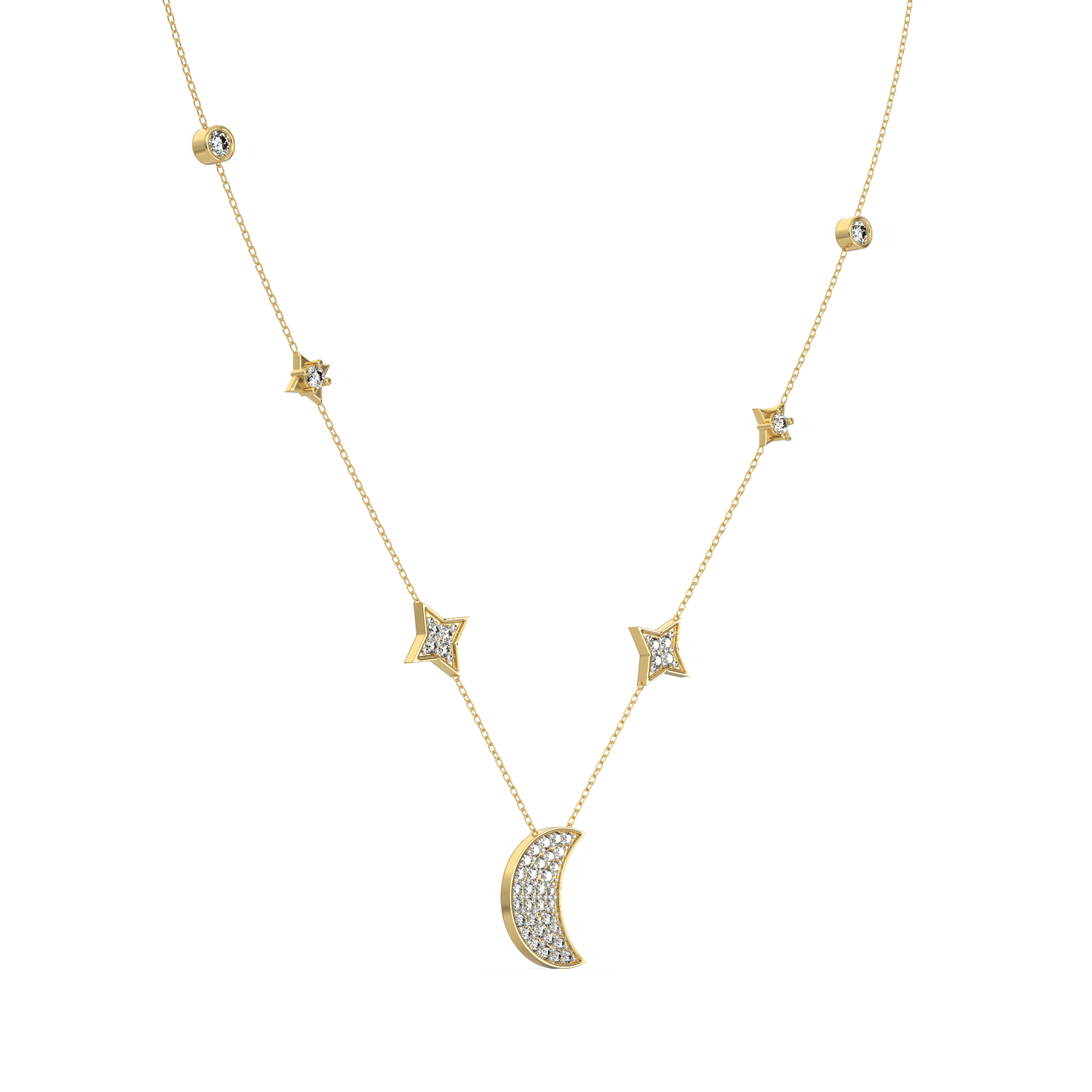 Celestial Crescent Diamond Moon and Star Necklace