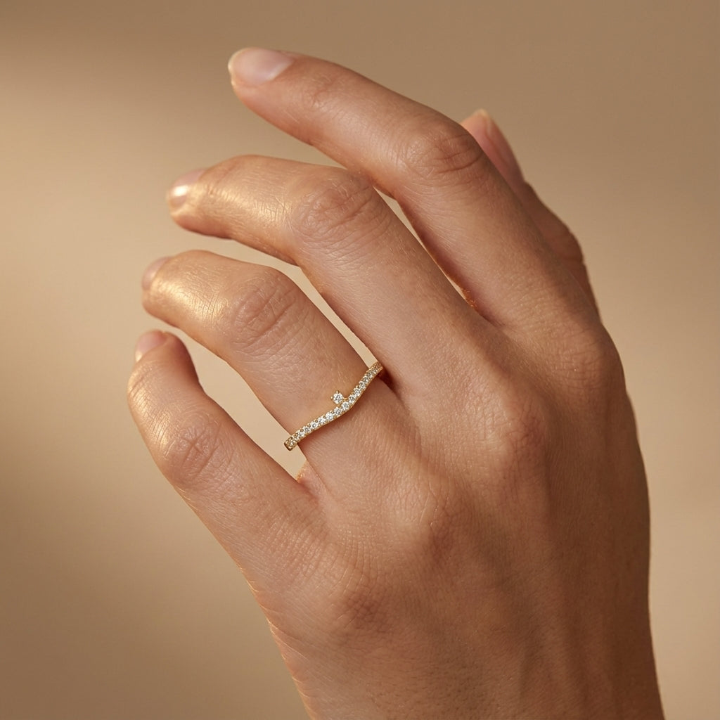 Celestial Constellation Diamond Ring ring on model hand close-up – studio jewellery photography | Prash Jewellery