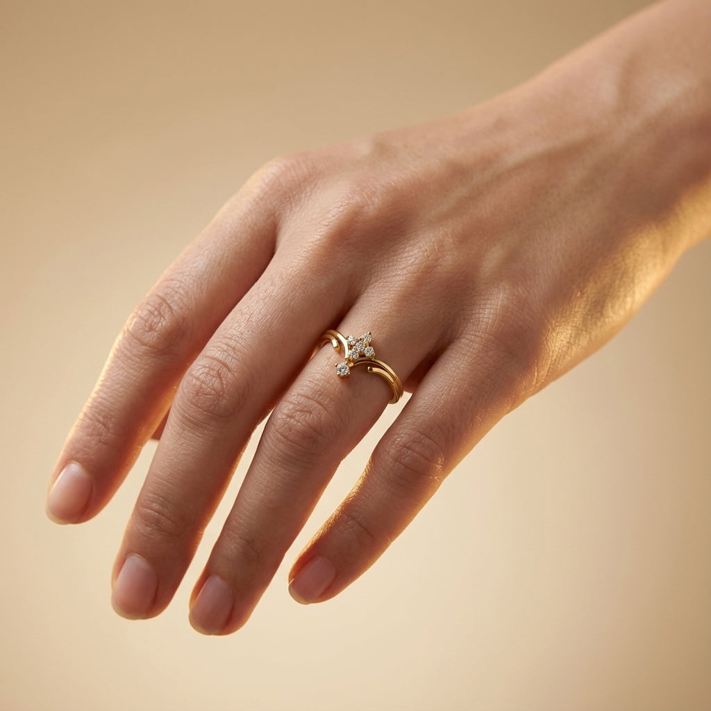 Celestial Whisper Diamond Ring ring on model hand close-up – studio jewellery photography | Prash Jewellery