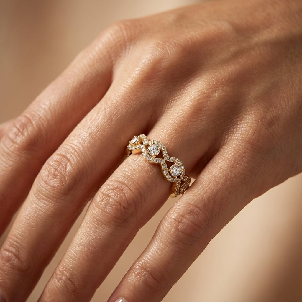 Crowning Glory Diamond Ring ring on model hand close-up – studio jewellery photography | Prash Jewellery