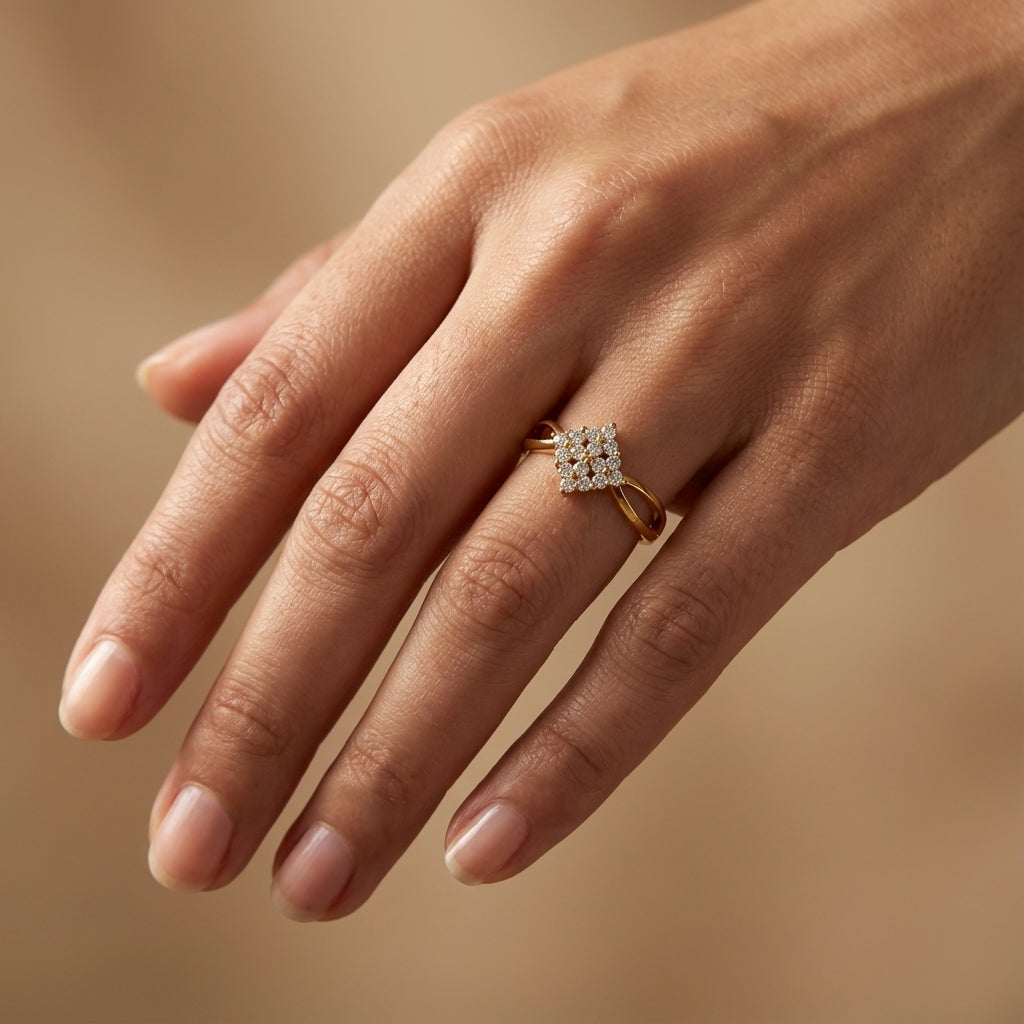 Diamond Dreamscape Ring ring on model hand close-up – studio jewellery photography | Prash Jewellery