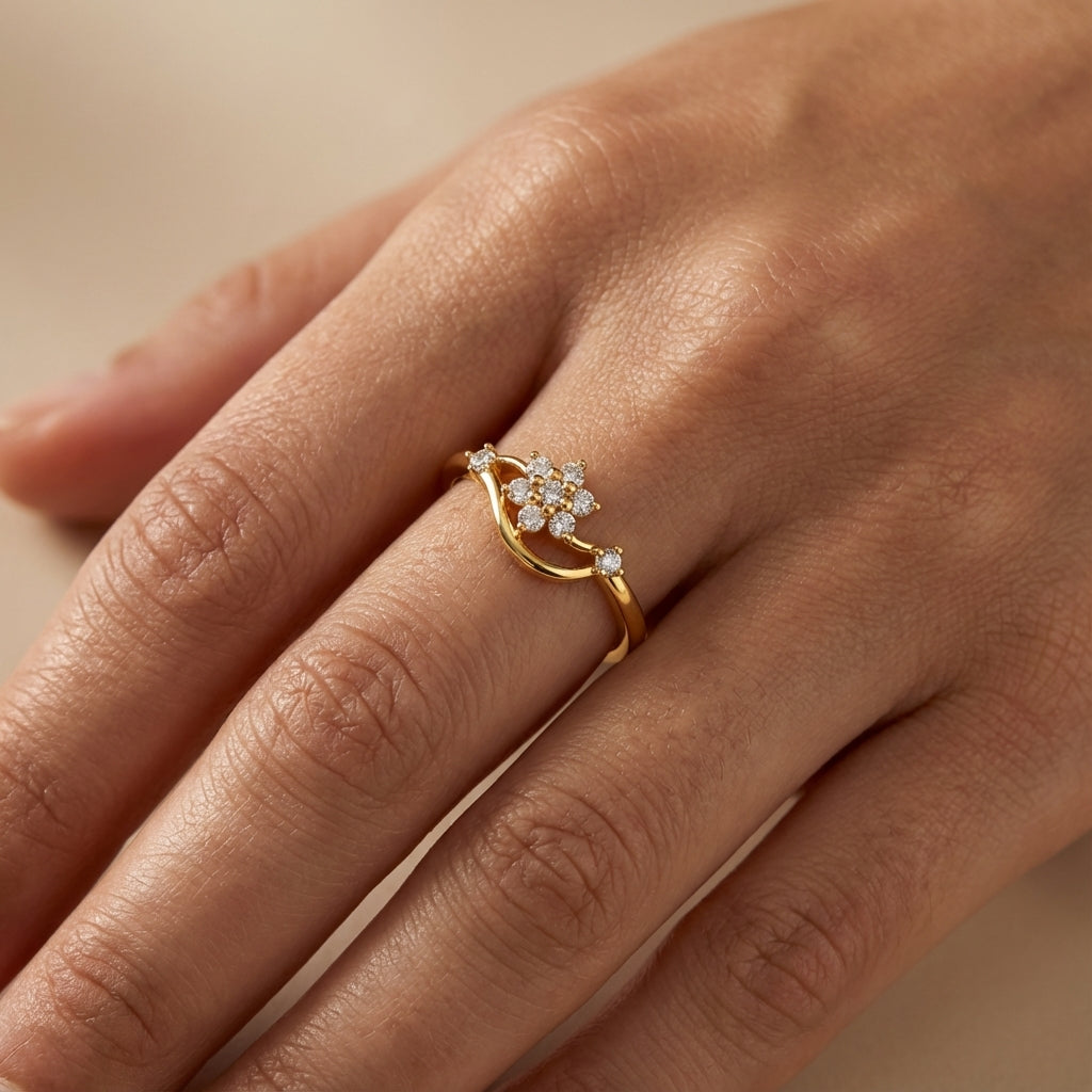 Diamond Halo Bliss Ring ring on model hand close-up – studio jewellery photography | Prash Jewellery