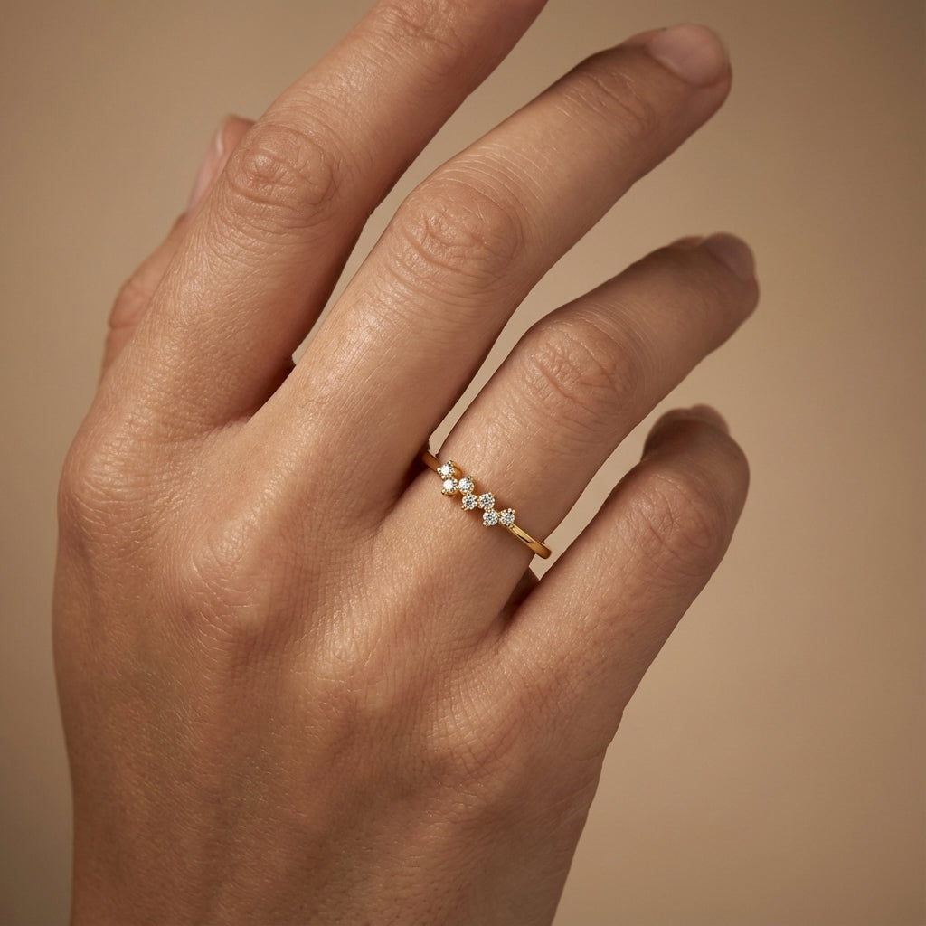 Diamond Harmony Engagement Ring ring on model hand close-up – studio jewellery photography | Prash Jewellery