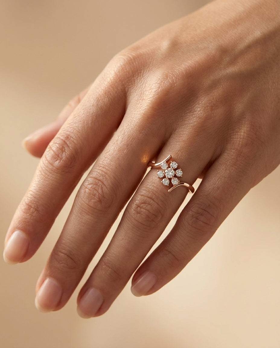 Ethnic Bloom Diamond Ring ring on model hand close-up – studio jewellery photography | Prash Jewellery
