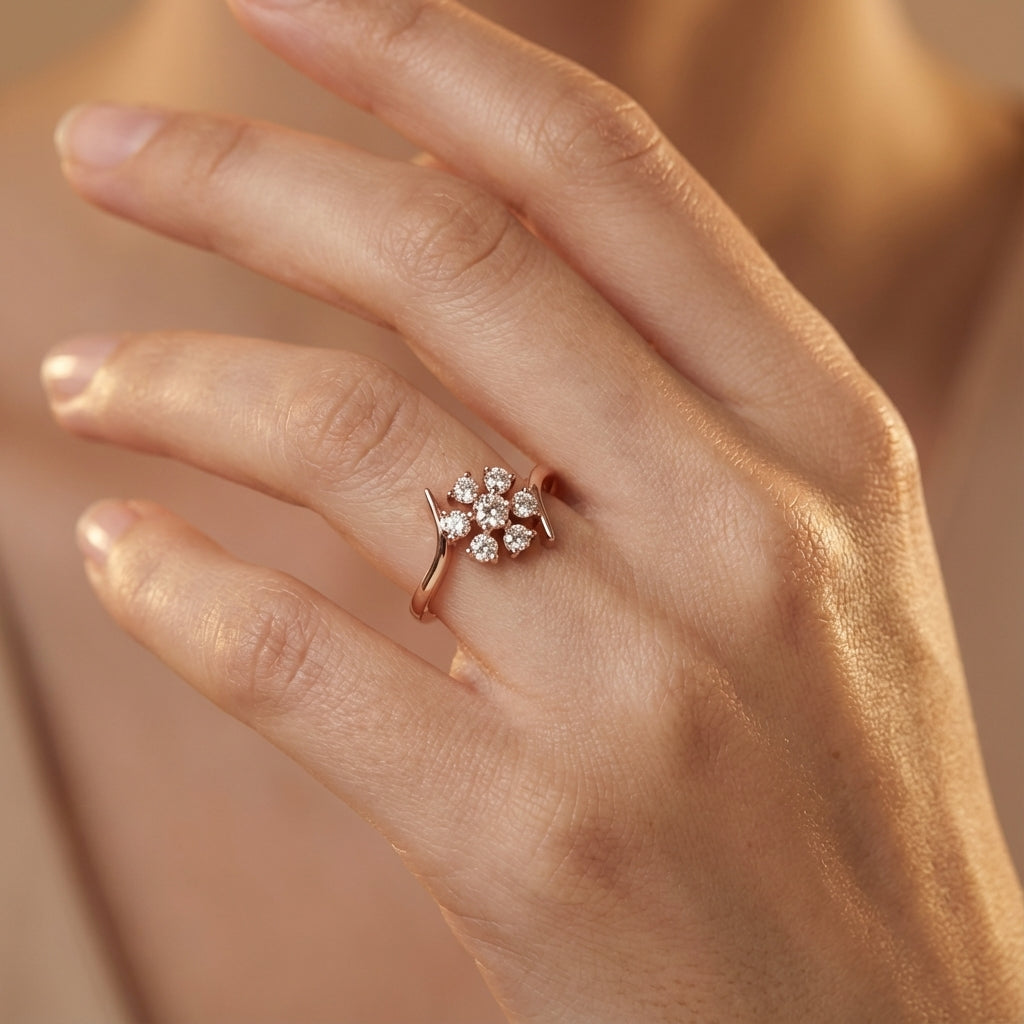 Ethnic Bloom Diamond Ring ring on model hand close-up – studio jewellery photography | Prash Jewellery