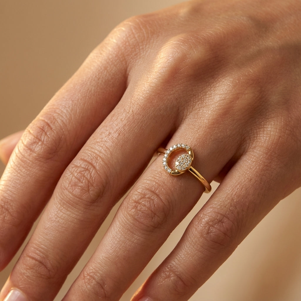 Golden Stellar Diamond Ring ring on model hand close-up – studio jewellery photography | Prash Jewellery