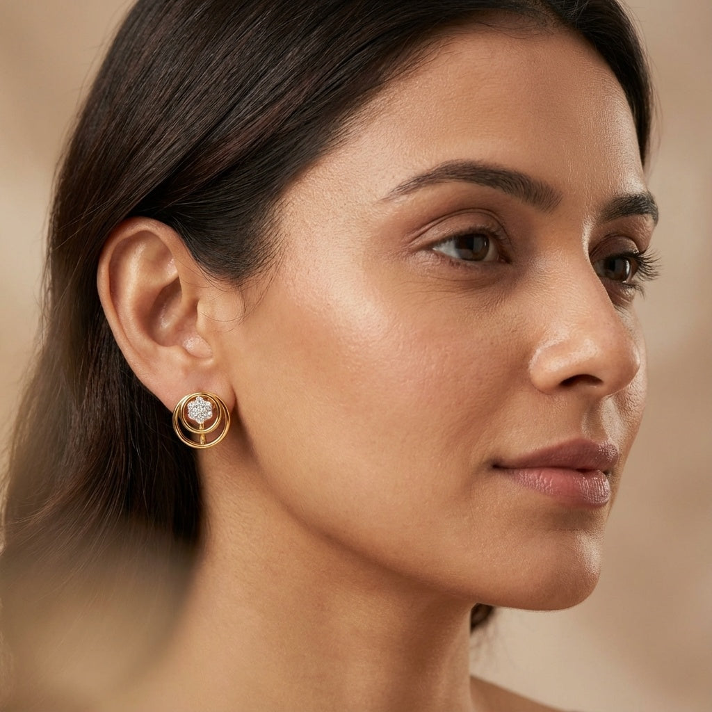 Harmonic Circles Diamond Earring ring on model hand close-up – studio jewellery photography | Prash Jewellery