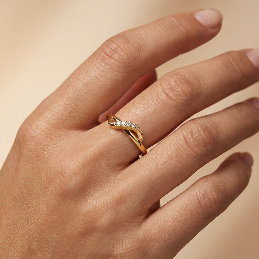 Infinity Love Diamond Band ring on model hand close-up – studio jewellery photography | Prash Jewellery