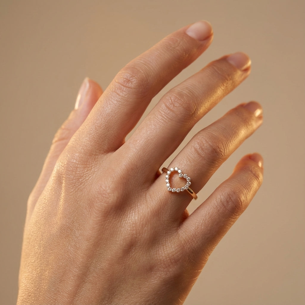Love Heart Diamond Ring ring on model hand close-up – studio jewellery photography | Prash Jewellery
