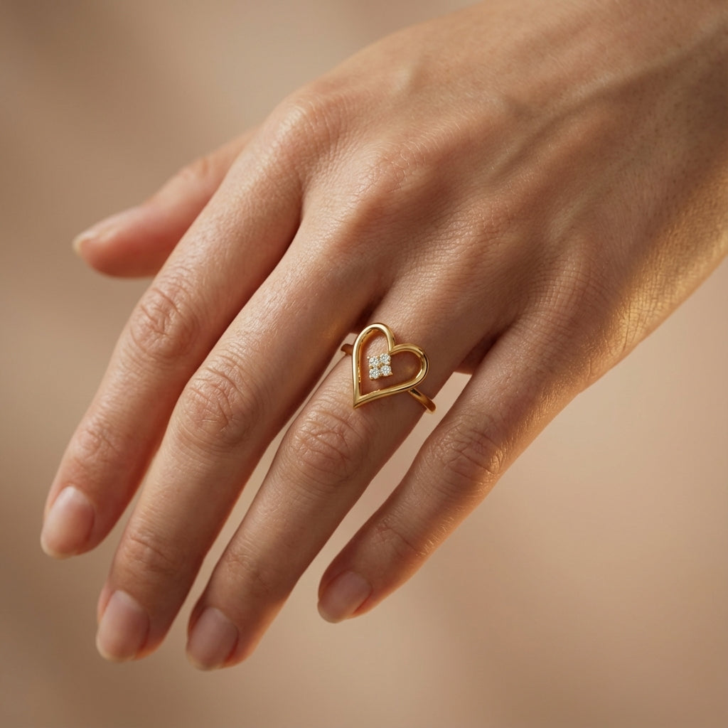 Love Symbol Heart Diamond Ring ring on model hand close-up – studio jewellery photography | Prash Jewellery