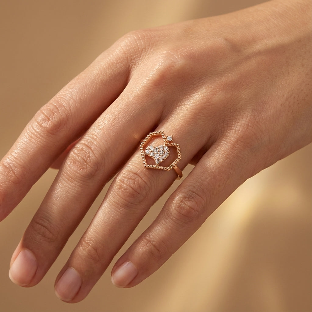 Modern Heart Diamond Ring ring on model hand close-up – studio jewellery photography | Prash Jewellery