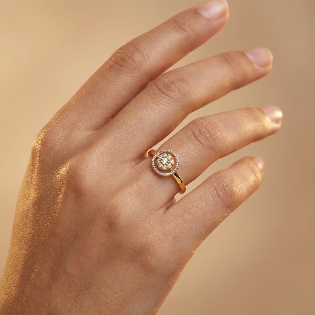 Moonlit Magic Diamond Ring ring on model hand close-up – studio jewellery photography | Prash Jewellery