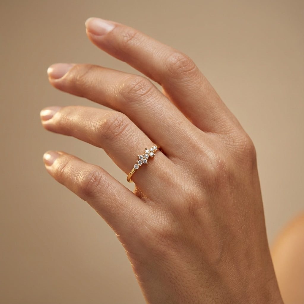 Serenity Diamond Ring ring on model hand close-up – studio jewellery photography | Prash Jewellery