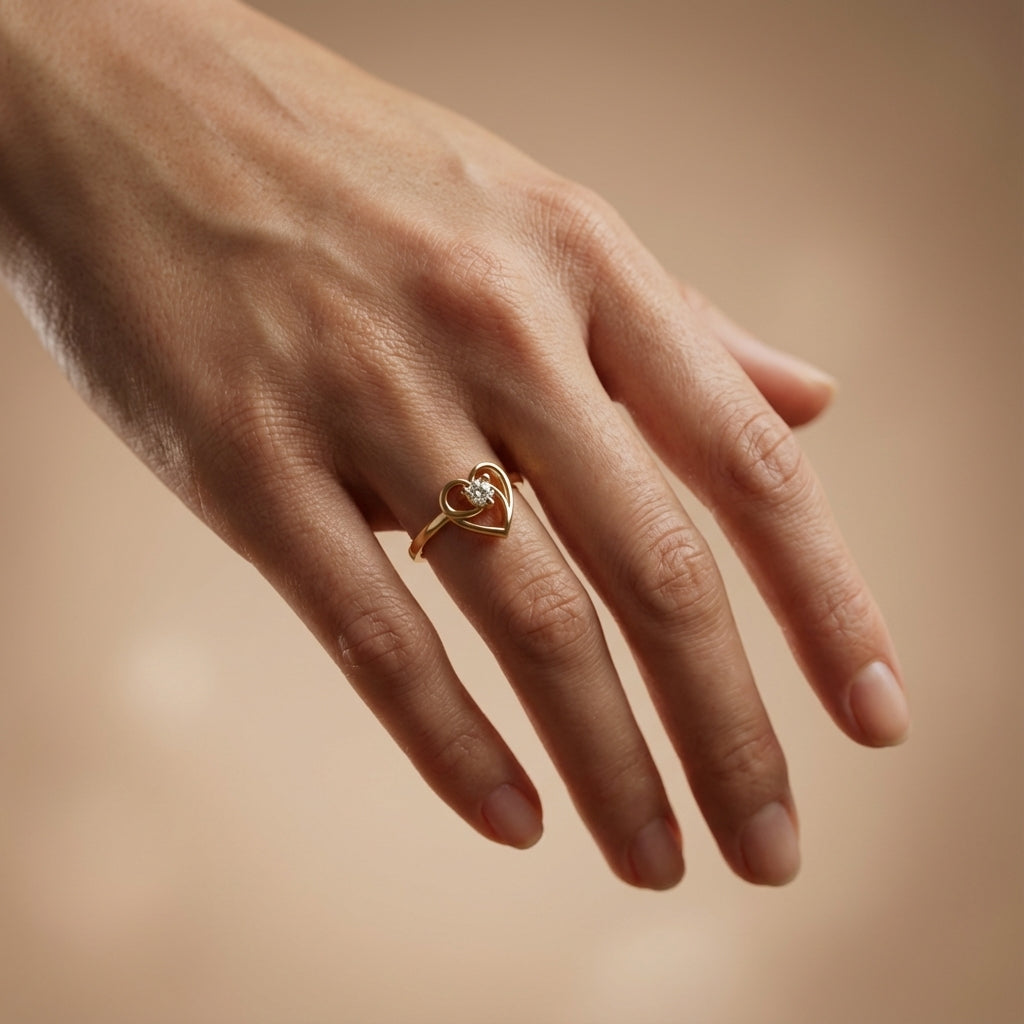 Timeless Heart Diamond Ring ring on model hand close-up – studio jewellery photography | Prash Jewellery
