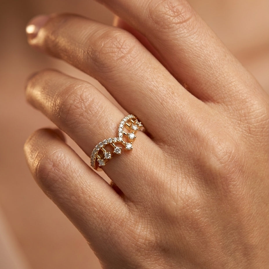 Triumph Diamond Ring ring on model hand close-up – studio jewellery photography | Prash Jewellery