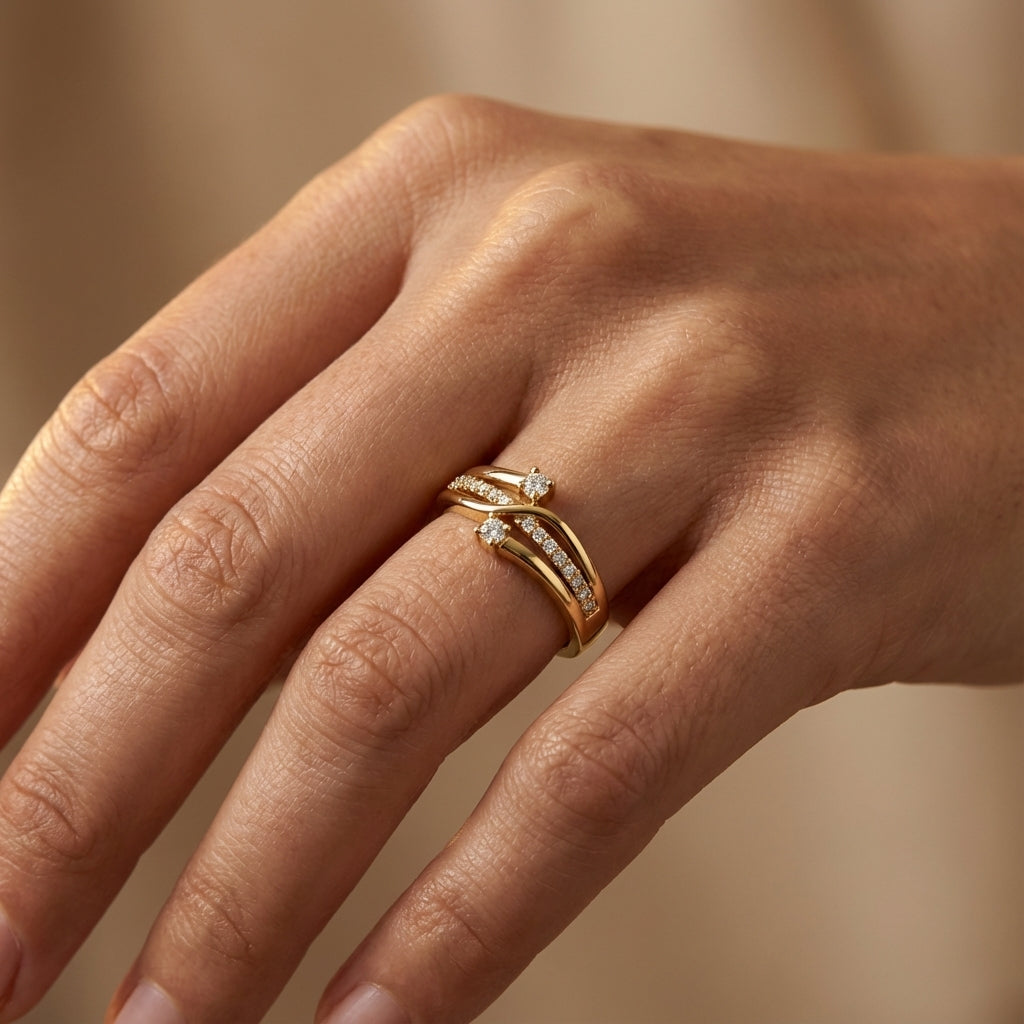 Twin Treasure Diamond Ring ring on model hand close-up – studio jewellery photography | Prash Jewellery