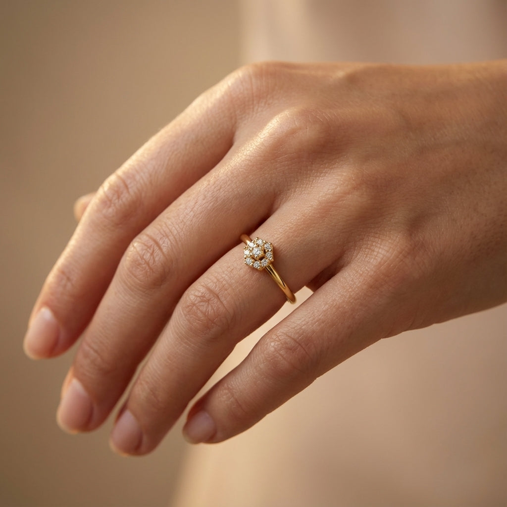 Vintage Charm Diamond Ring ring on model hand close-up – studio jewellery photography | Prash Jewellery