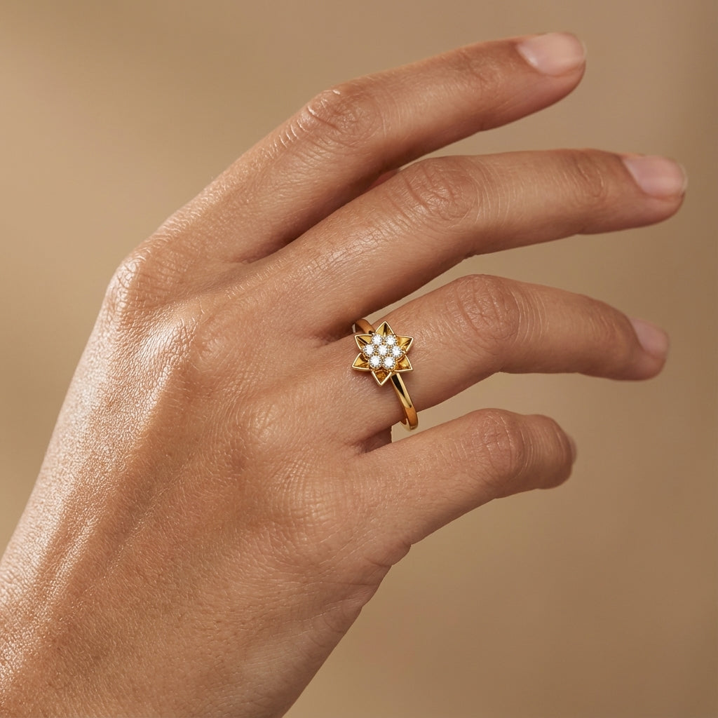 Whispering Bliss Diamond Ring ring on model hand close-up – studio jewellery photography | Prash Jewellery