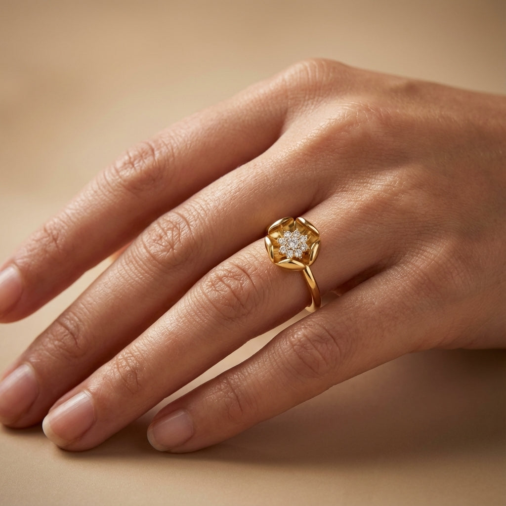 Zara Diamond Ring ring on model hand close-up – studio jewellery photography | Prash Jewellery